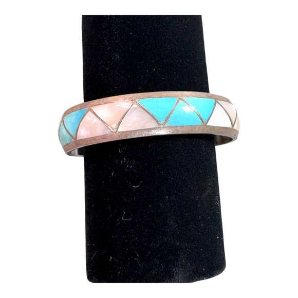 Lorrie Kallestewa Native American Zuni Blue Turquoise Mother Of Pearl Bracelet - Picture 1 of 10